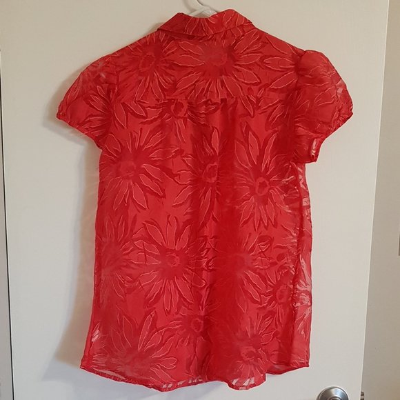 Red Button down Shirt with Sheer Floral Print - Picture 2 of 5